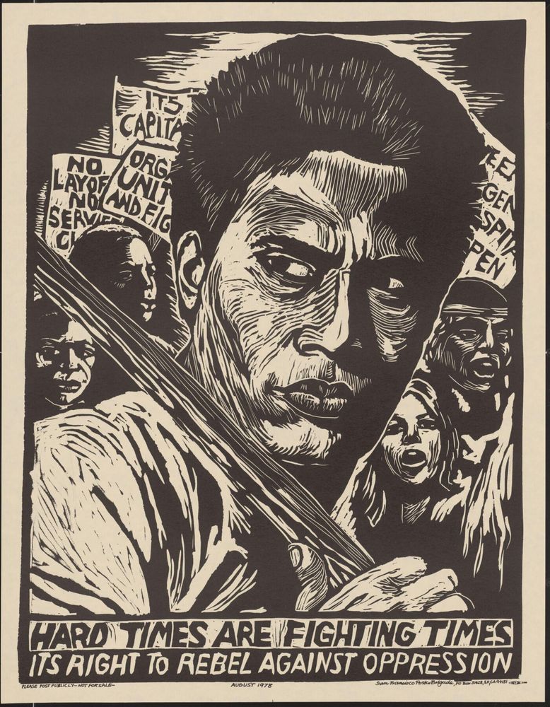 Black and white linocut poster of a protest march. A man holds a placard in the foreground with a world-weary yet determined expression. In the background is a larger group of diverse protesters.