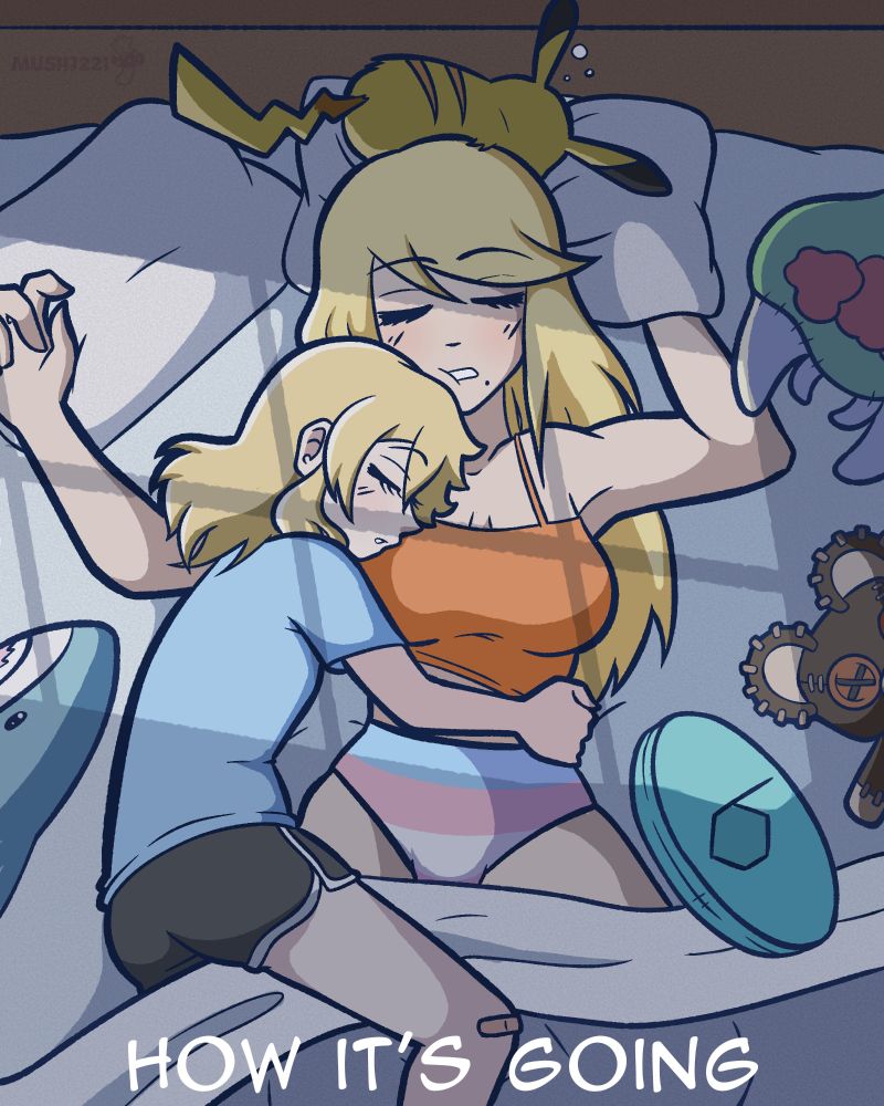 Samus and bridget are cuddling together in a large bed, there are plushies strewn about on the bed. Pikachu is sleeping on top of Samus' head