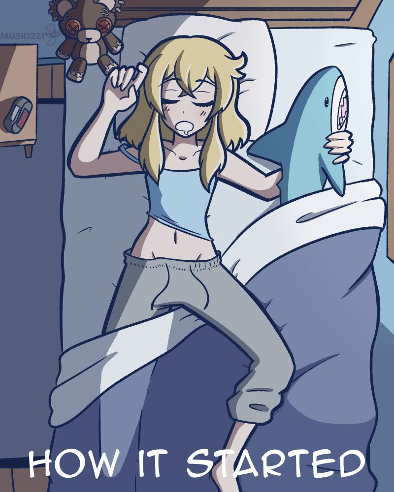 Bridget is splayed out, asleep on a small bed with a blahaj and rodger laying in the bed with her