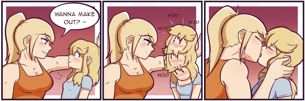 Samus and bridget are in the panel. Samus has an arm up in a "kabedon" pose. She is asking "Wanna make out?" Looking very confident doing so. Bridget is blushing hard and looking embarrassed as her heart beats loudly.

Samus is in the same pose only giving a slight smile this time. Bridget nods her head very enthusiastically while still blushing hard.

Bridget and Samus do said making out
