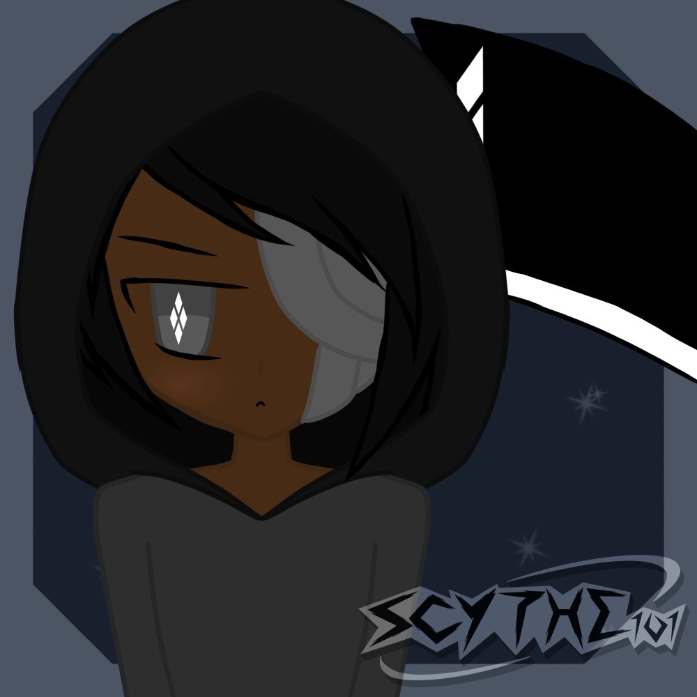Scythe wearing his hood over his head, with his face now being visible.