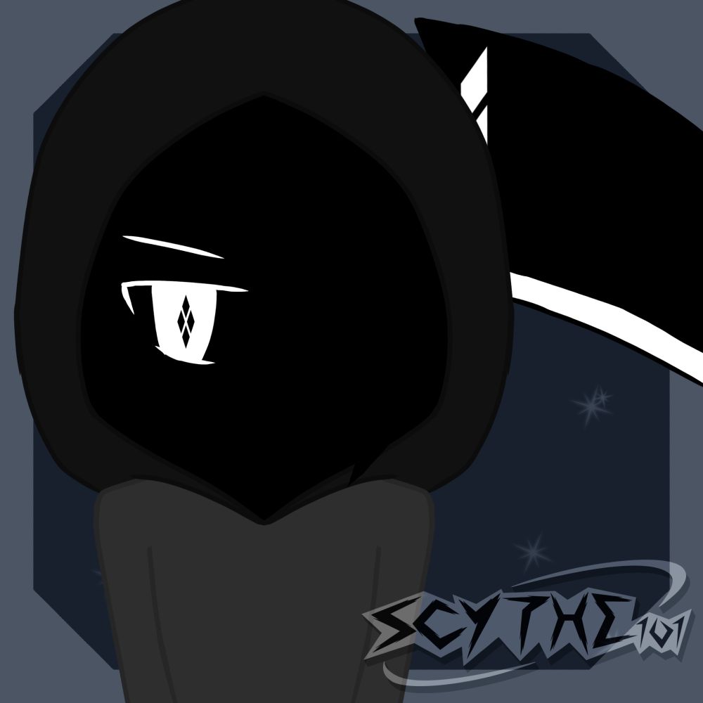 Scythe wearing his hood over his head, with his face being completely hidden with the exception of his right eye.