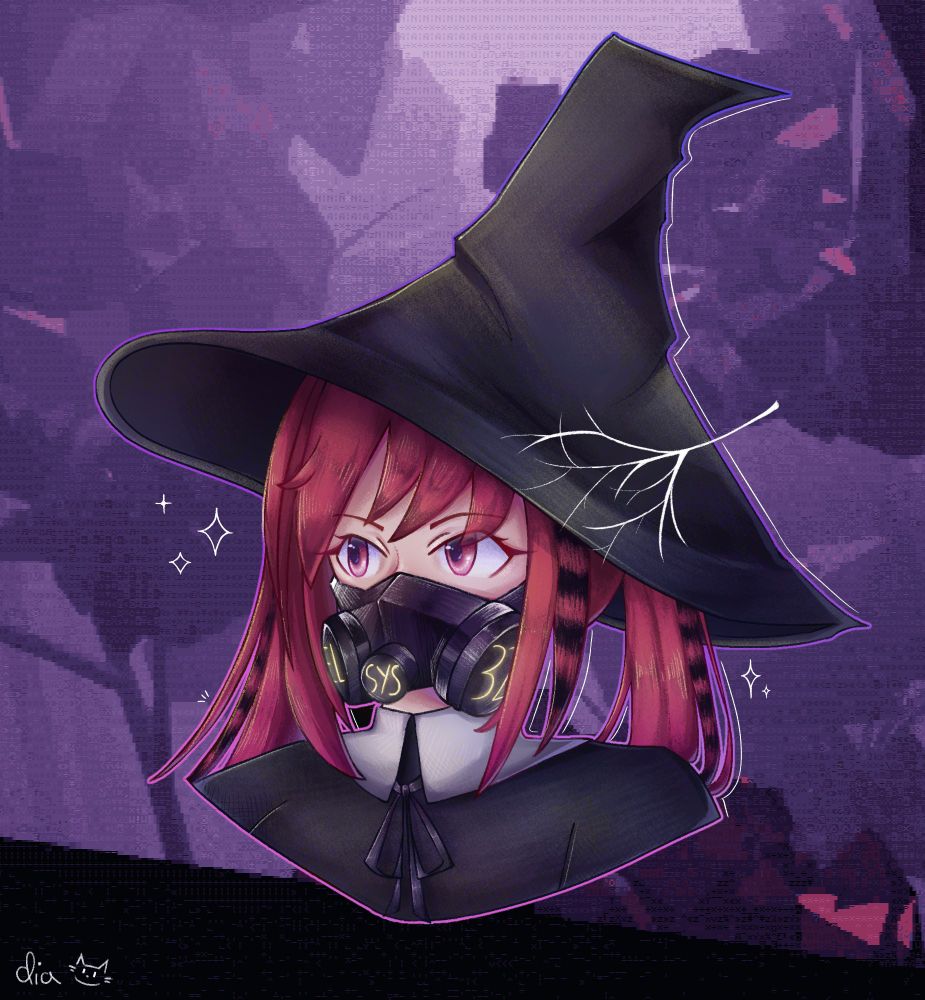 a drawing of deltree, a character from the game kitten burst. She is a witch with rose hair and a gas mask, on a purple background with some trees from the distance.