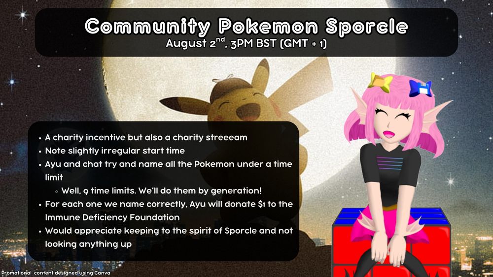Community Pokemon Sporcle promo image
August 2nd, 3pm BST (GMT + 1)

A charity incentive but also a charity stream

Note slightly irregular start time

Ayu and chat try to name all the Pokemon under a time limit
Well, 9 time limits. We'll do them by generation!

For each one we name correctly, Ayu will donate $1 to the Immune Deficiency Foundation

Would appreciate keeping to the spirit of Sporcle and not looking anything up