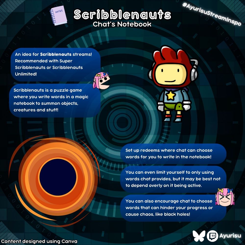 Ayurisu Stream Inspo for Scribblenauts
Chat's Notebook

An idea for Scribblenauts streams! Recommended with Super Scribblenauts or Scribblenauts Unlimited!

Scribblenauts is a puzzle game where you write words in a magic notebook to summon objects, creatures and stuff!

Set up redeems where chat can choose words for you to write in the notebook!

You can even limit yourself to only using words chat provides, but it may be best not to depend overly on it being active.

You can also encourage chat to choose words that can hinder your progress or cause chaos, like black holes!