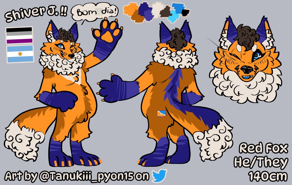 Shiver J. !!
"Bom dia!"

Asexual flag
Argentina flag

Red Fox
He/They
140cm

Art by @Tanukiii_pyon15 on twt

An orange anthropomorphic fox with blue and white details