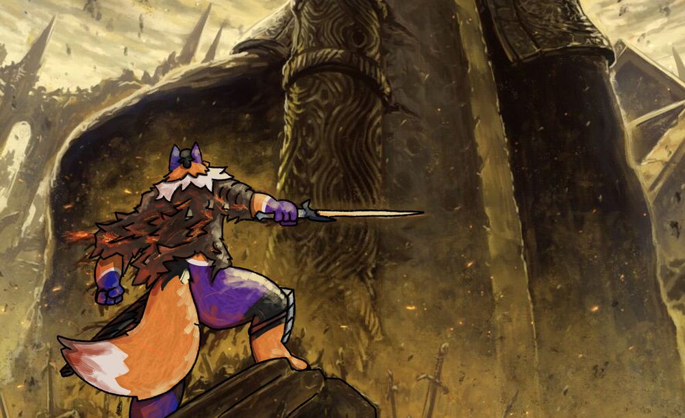 a drawing of shiver wearing a tunic lit in flames and a sword, facing off against yhorm the giant from dark souls 3