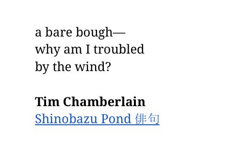 Screenshot of a haiku/senryu, which reads:

"a bare bough -
why am I troubled
by the wind?

Tim Chamberlain
Shinobazu Pond 俳句"

from 'Failed Haiku,' Vol. 10, Issue 110 (July, 2025), p. 144.