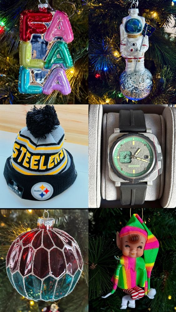 Vintage Habibi items: a FALALA glass ornament, an astronaut glass ornament, a Steelers knit hat, a watch made out of car parts, a glass bauble, an original Japanese vintage knee hugger elf 