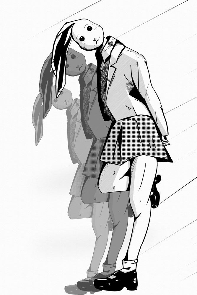 Fan art of Bunny girl Haru from the show ‘beastars’ standing on one leg in black white manga style, with 3 silhouette line up alongside decreasing in size 