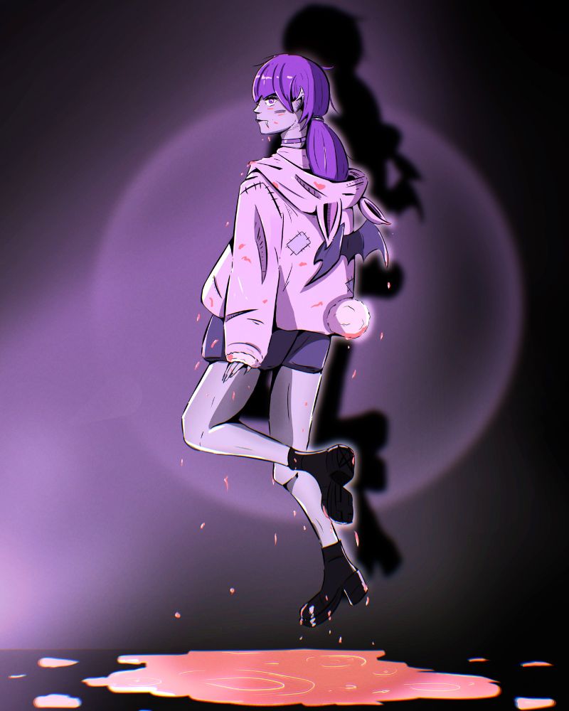 Pastel Goth inspired vampire design, hovering over pool of blood