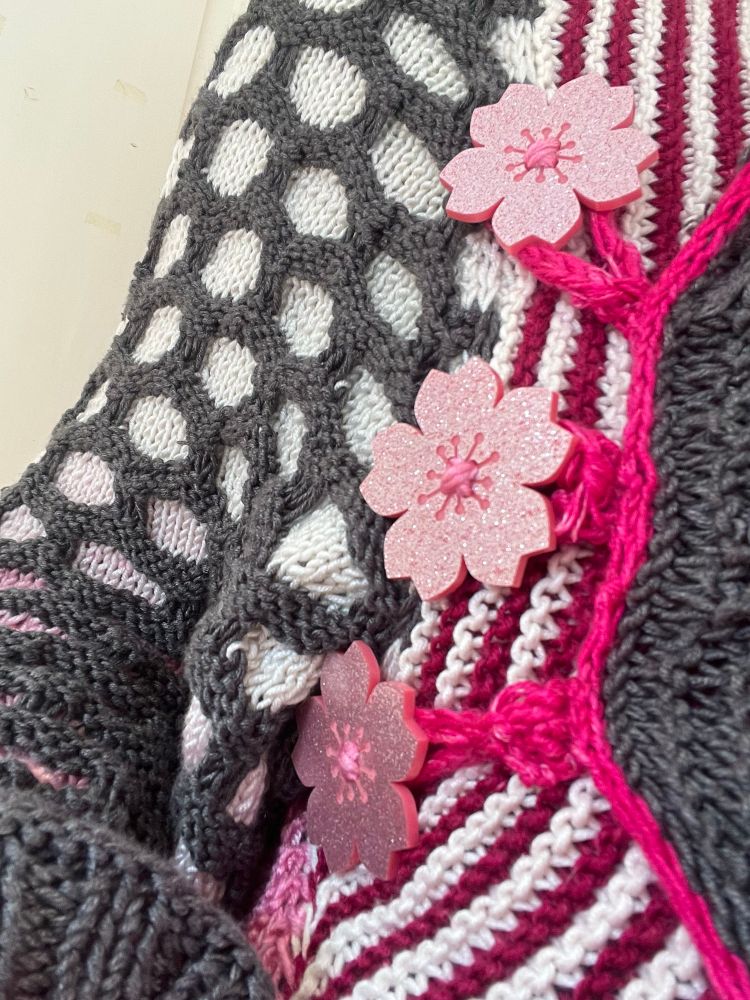 A detail of the pink glitter Sakura buttons 
