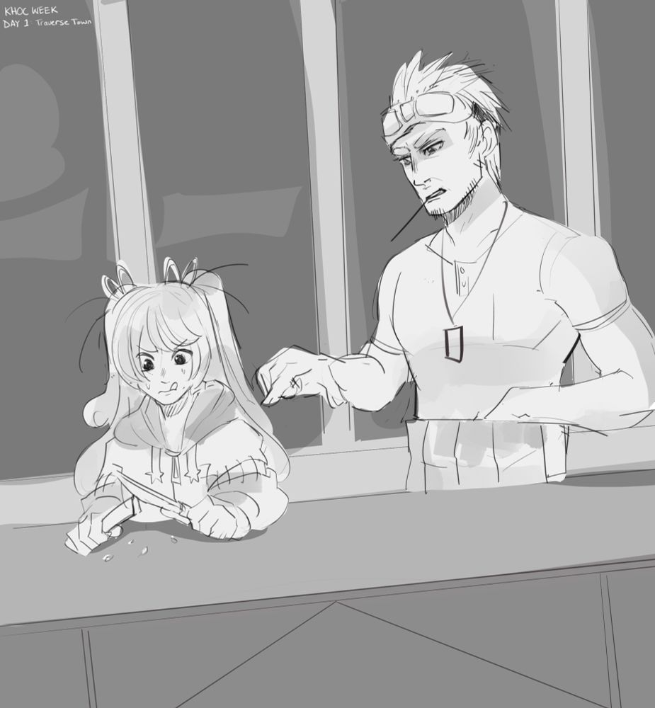 Cid and hikari in traverse town as he teaches her how to whittle  