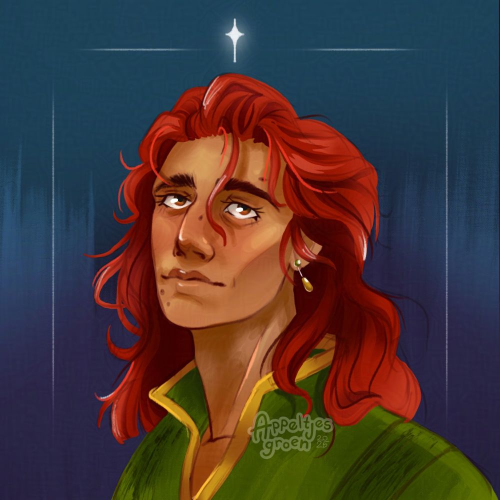 Digital illustration of Amaranth, an Original Character by Rephaeim. A dark blue background, with a bust of a person with red wavy hair, wearing an dangling earring and a gold with green oxford type of shirt. They are looking slightly up with a semi forlorn expression