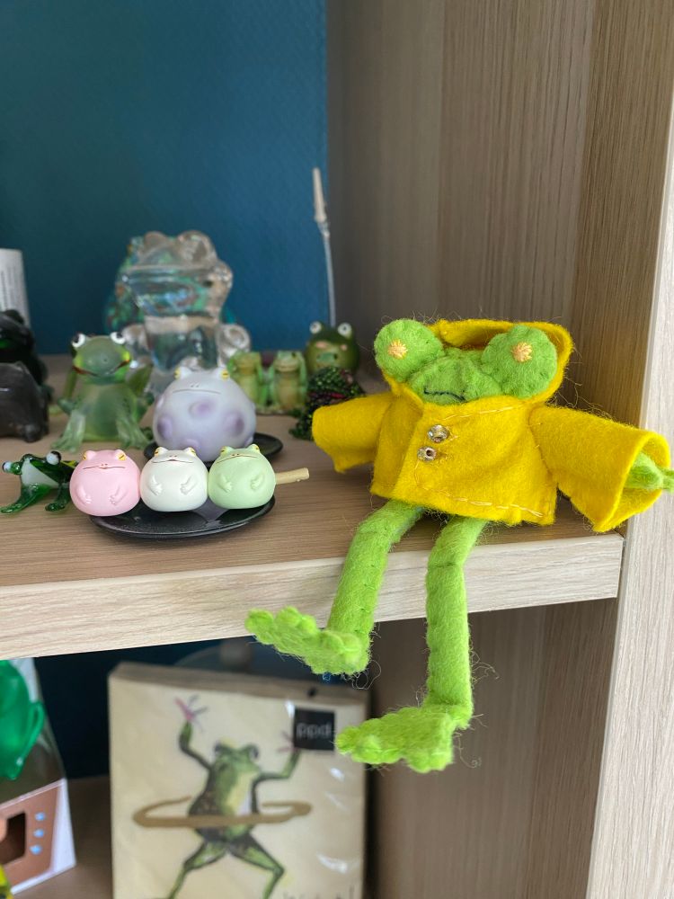 Photo of floris the frog in his yellow raincoat felt doll on a shelf amongst other frog figures and glass trinkets