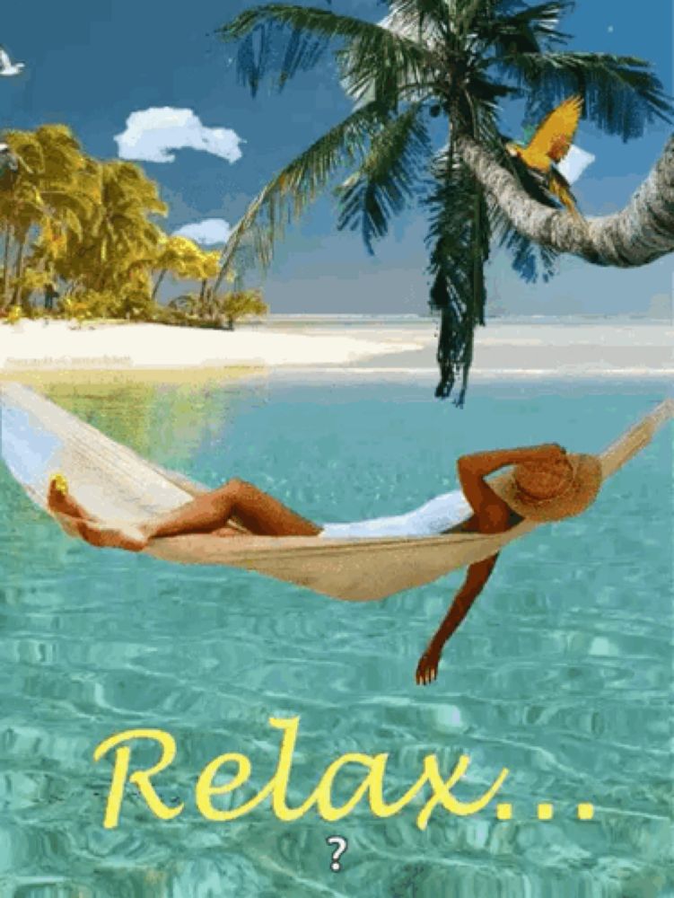 a woman is laying in a hammock in the ocean with the word relax written on the bottom