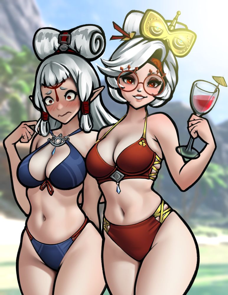 Fan art of summer Paya and Purah from Tears of the Kingdom wearing cute swimsuits at the beach, Paya is embarrassed and Purah is having a great time. Art by jackarydraws 