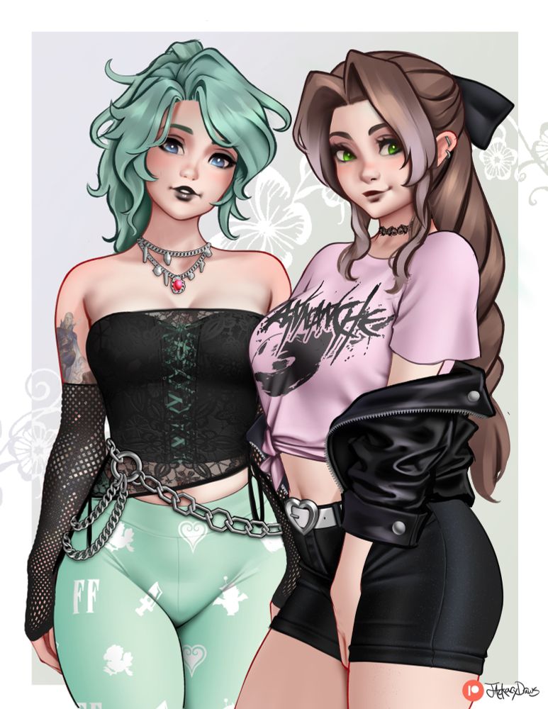 A drawing of Terra from Final Fantasy VI and Aerith from Final Fantasy VII, dressed up in pastel goth aesthetic. Artwork by jackarydraws