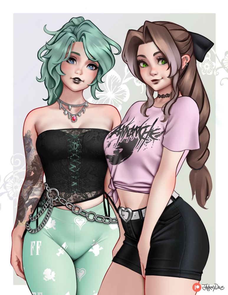 An illustration of Terra and Aerith from Final Fantasy dressed in modern pastel goth outfits 