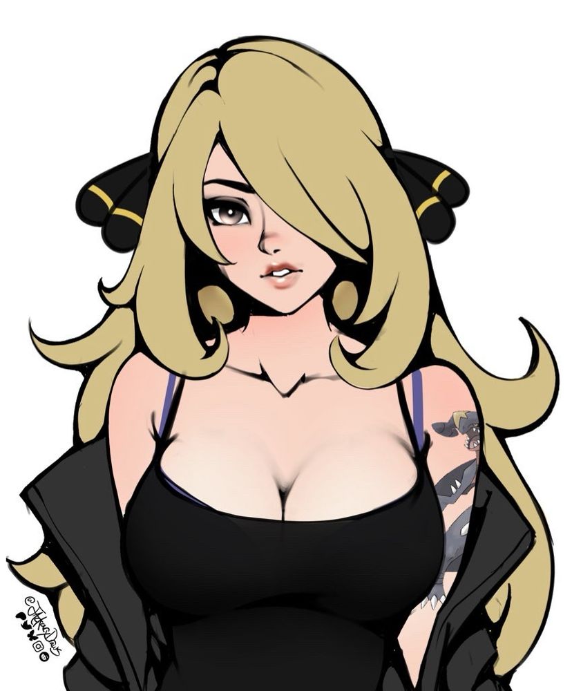 Sketch of cynthia from pokemon in a black tank top