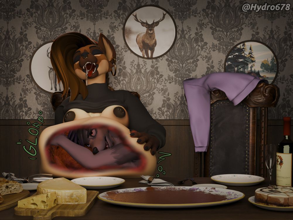 Lainey leaning back with a gut full of turkey and Damian. There's a cutout showing Damian hugging the turkey inside her