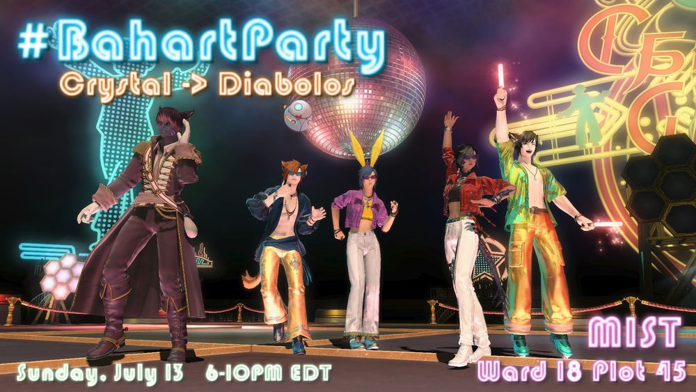 An advertisement for Baha Blast's FFXIV Art Party. Held on Crystal Diabolos on Sunday, July 13 from 6 to 10PM EDT at Mist Ward 18 Plot 45.