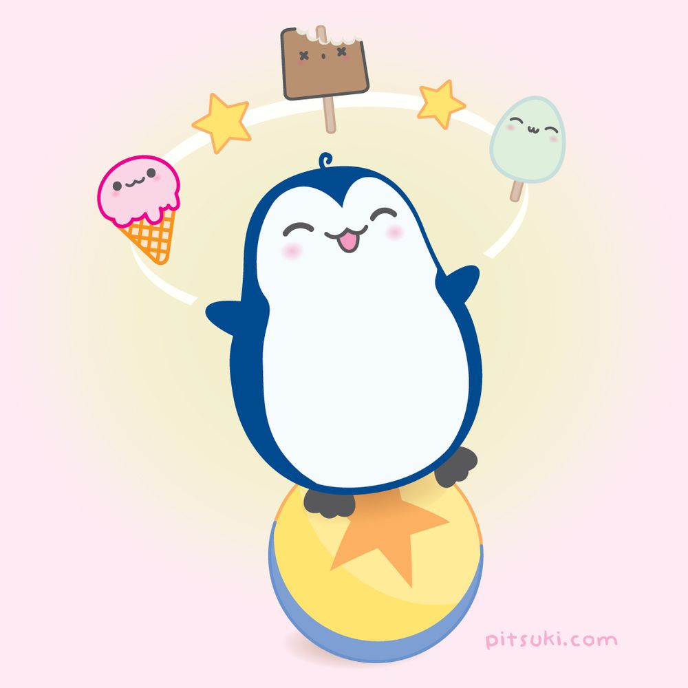 Pitsuki, a cute penguin, laughingly jungles some ice creams, while balancing on a big ball.