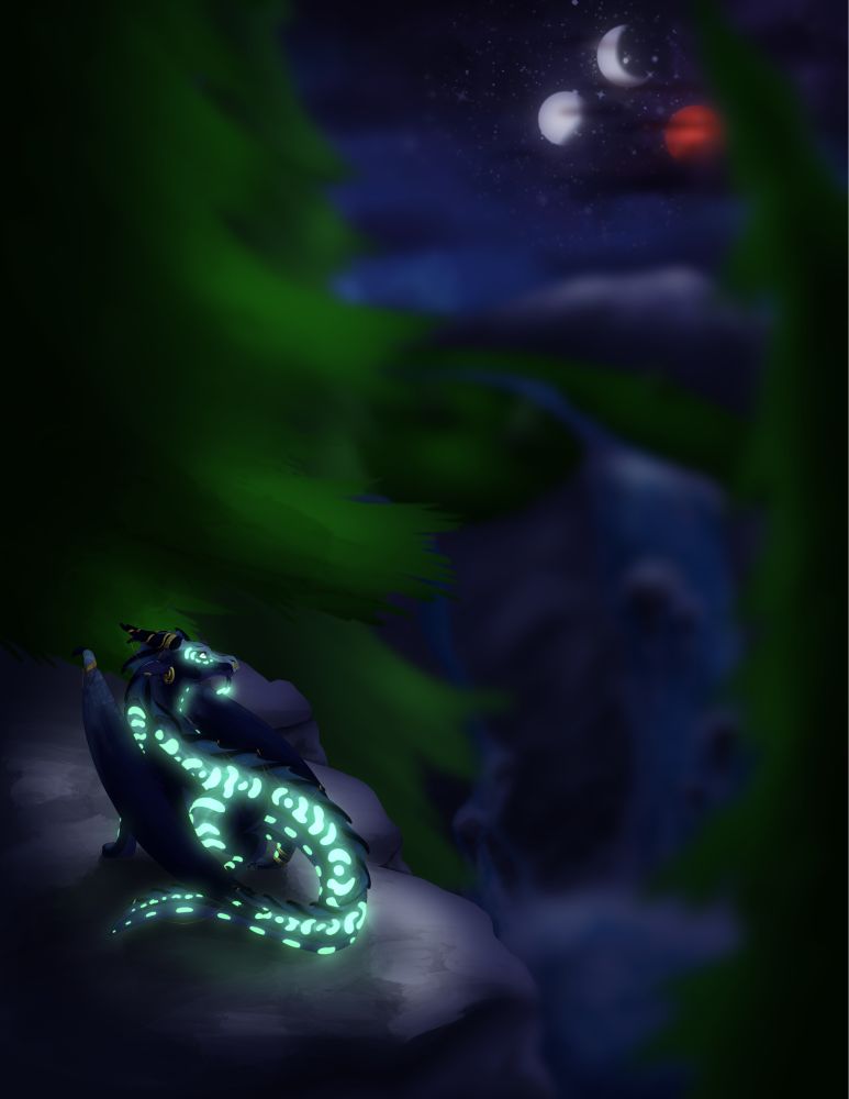 A Sea-wing from the book series Wings of Fire standing on a cliff looking out at the three moons-one waxing crescent one waxing gibbous and one full blood moon-there are waterfalls in the background and the Sea-wing’s scales are glowing in the darkness