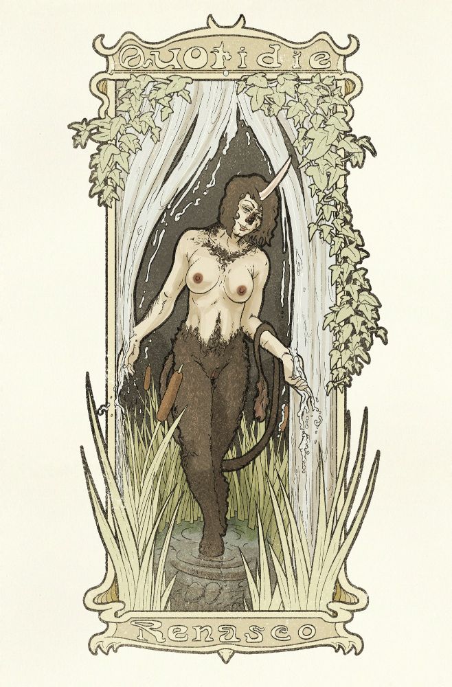 Cloven-hoofed satyr with a single sharp unicorn horn parting a waterfall wreathed in ivy, stepping out into water between reeds and cattails. Above her says "QUOTIDIE" and below her says "RENASCO".