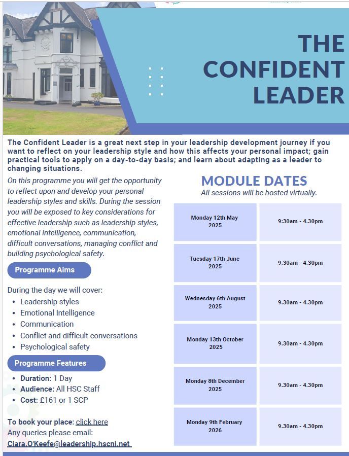 The Confident Leader is a great next step in your leadership development journey if you want to reflect on your leadership style and how this affects your personal impact; gain practical tools to apply on a day-to-day basis; and learn about adapting as a leader to changing situations.  On this programme you will get the opportunity to reflect upon and develop your personal  leadership styles and skills. During the session you will be exposed to key considerations for effective leadership such as leadership styles, emotional intelligence,  communication, difficult conversations, managing conflict and
building psychological safety.