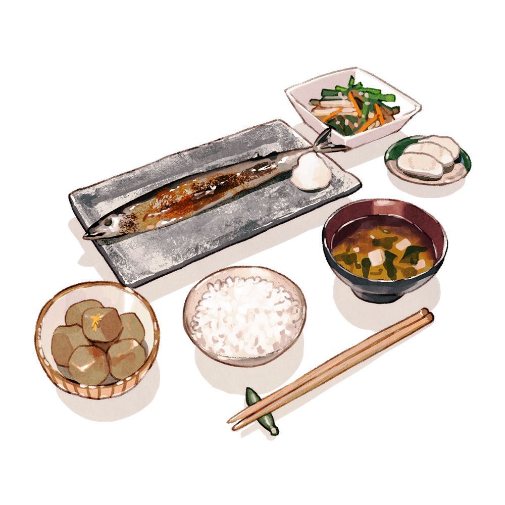 さんまの塩焼き、小松菜の和え物、里芋の煮っころがし、味噌汁、漬物のイラスト
