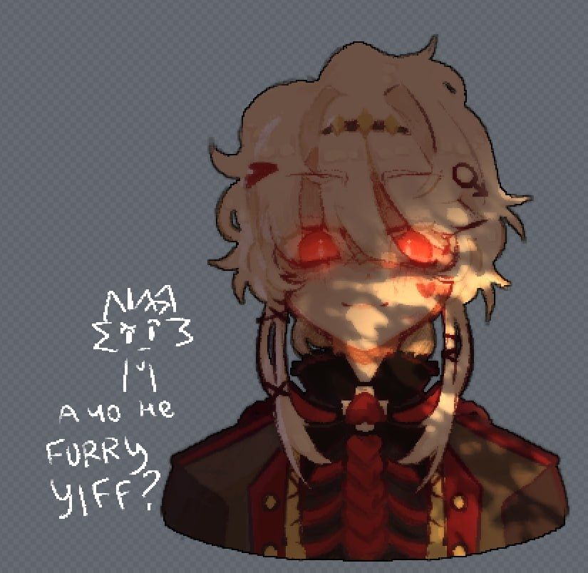 bust art of a white-haired male named valerie. he wears hairpins and regal clothes, and his hair (obscured) is tied in a low ponytail. he had red eyes and a burn scar on the left side of his face. on the left of the drawing is a doodle of my fursona with a quirked eyebrow asking "so why no furry yiff?"