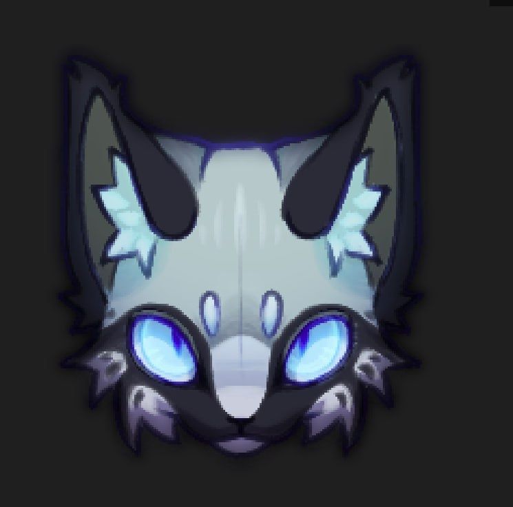 headshot art of a gray cat with dark stripes and striking ice blue eyes