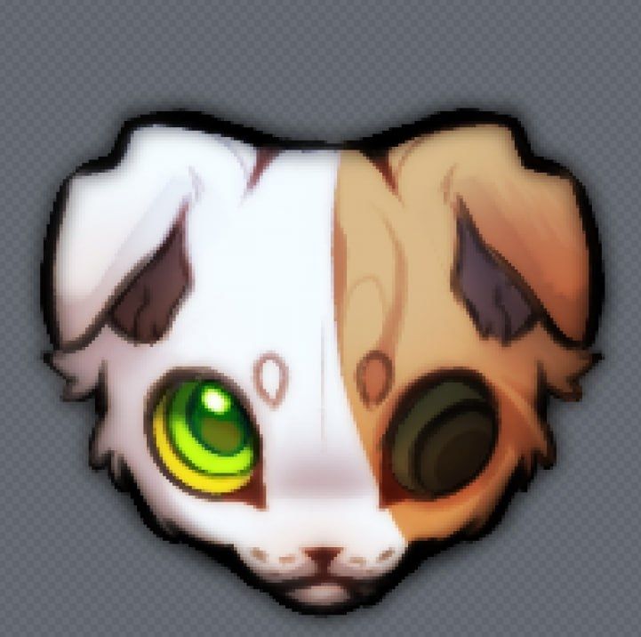 headshot art of a bicolor orange tabby with floppy ears and a dysfunctional eye