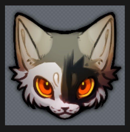 headshot art of a gray cat with half-white half-black face and amber eyes
