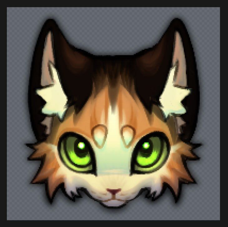 headshot art of a tricolor tabby with green eyes