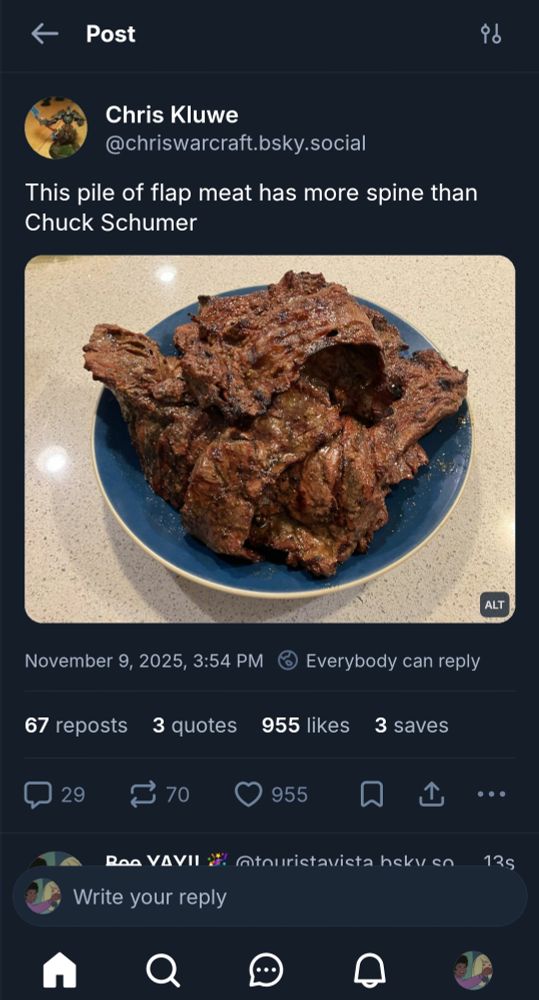 Dumb ass jock Chris Kluwe showing a photo of flap meat saying it has more spine than Senator Schumer.