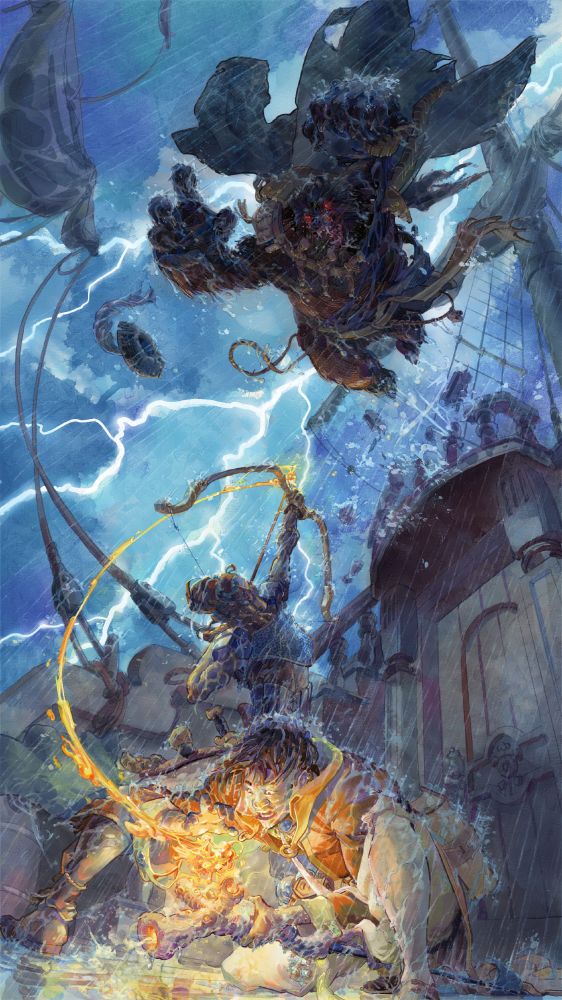 A werebear pirate captain leaps from the top deck of a ship to attack a half-elf ranger and a human wizard below.  The wizard is melting silver with his staff, which the ranger has dipped their arrow in, aiming a red hot arrow at their assailant.  The entire scene is drenched in rain, illuminated by the flash of electric blue lightning in a dark storm.