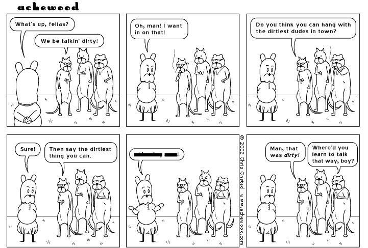 Webcomic Achewood from January 2002. A group of 'dirty dudes' hang out and talk dirty. 
