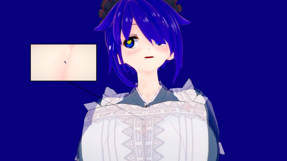A blue haired maid is looking for her master, unaware they're stuck in her cleavage. 