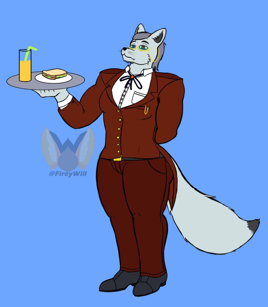 An older male anthro arctic fox in a maroon butler uniform.