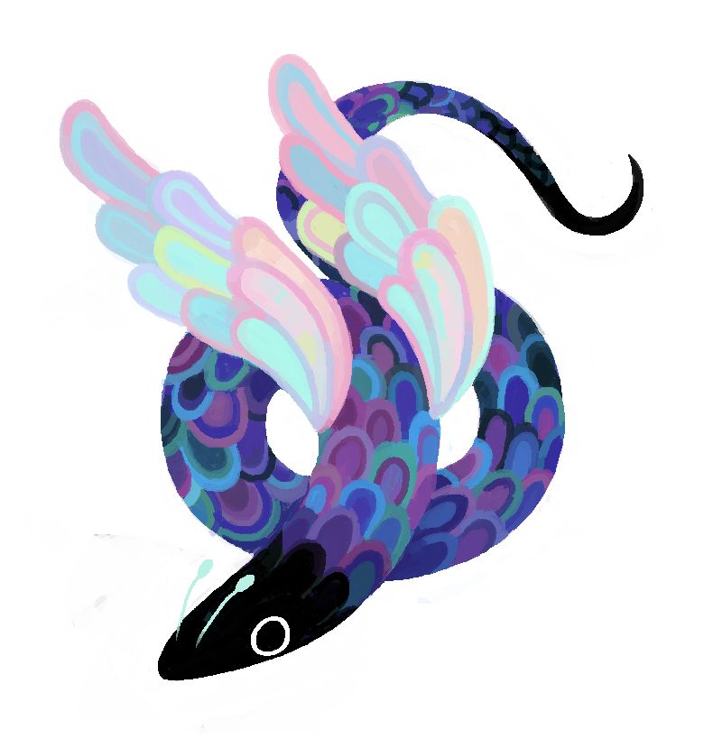 digital art of a snake like fantasy creature with a single pair of wings and multicolored purple scales. its feathered wings are pastel colors and its head and tail are black