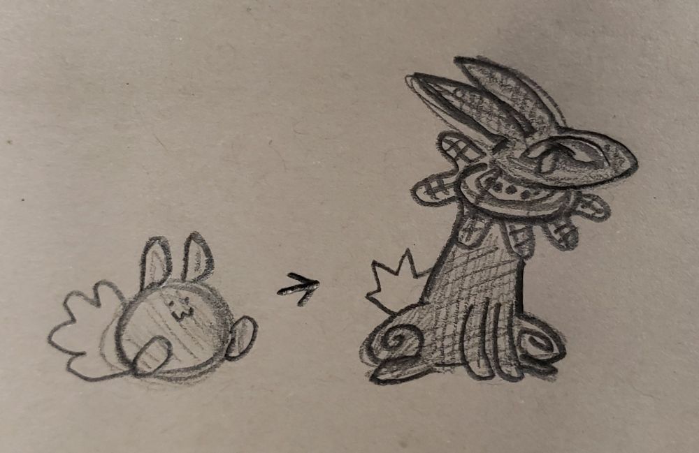 Pencil drawings of two creatures, a simple circular creature like a caricature of a rabbit, and a more realistic rabbit based on the mythology of Watership Down
