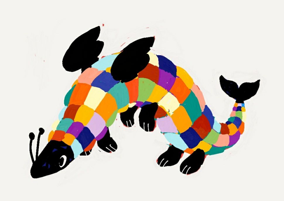Colorful drawing of a snake like dragon creature with a jet black head, wings, forked tail, and six legs. Its body has a quilt like pattern of squares in no particular pattern
