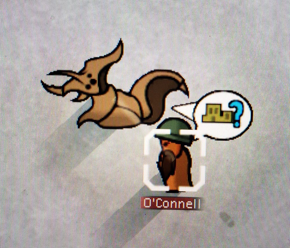 Image from Rimworld of a black bearded man with a green hat named O'Connell speaking to a large brown insect like creature