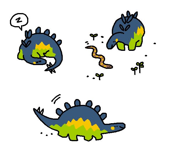 three simple drawings of a cartoon stegosaurus, dark teal on top and green on the bottom with a yellow zigzag on either side and yellow cheeks. clockwise from top left: the stego sleeping, the stego watching a snake crawl, and the stego galloping 