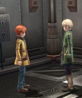 A screenshot of Jusis and Elliot wearing their regular outfits from Trails of Cold Steel II. They are chatting and standing adjacent to each other. 
