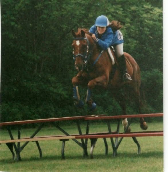 A young woman jumping over a picnic table on a chestnut horse. Both are decked in blue gear and excited to be having fun!