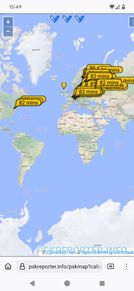 PSK reporter map showing afternoon signal being heard from the Eastern side of North America and well into Europe.