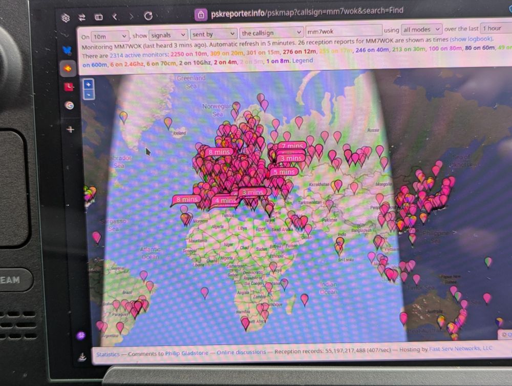Screenshot of PSK reporter showing how far the signal is getting out.